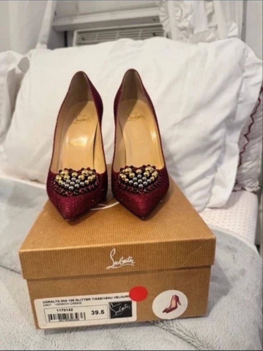 Christian Louboutin Burgundy Glitter Pointed Toe Pumps with Bead Embellishment